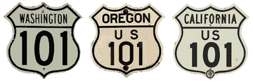 three Highway 101 signs Washington Oregon California