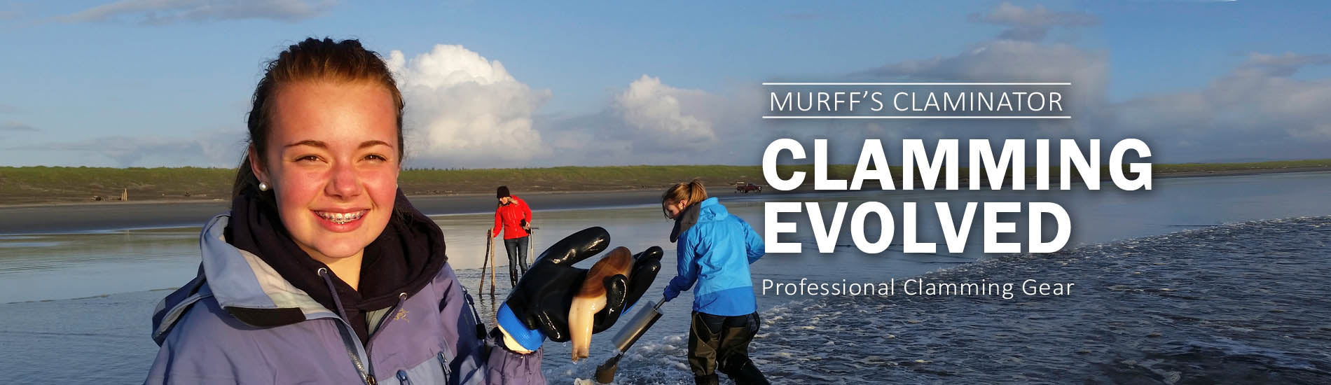 Razor Clamming on beach at sunset with Murff's Claminator clamming evolved professional clamming gear