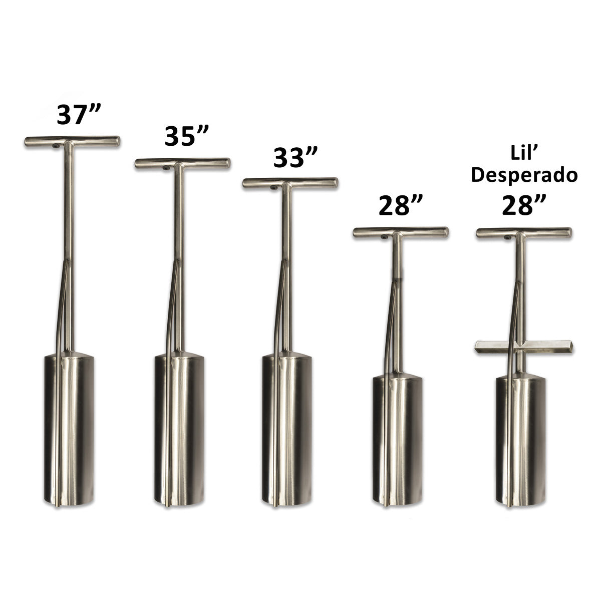 five sizes of Murff's Claminator stainless steel clam gun with vent tube and valve