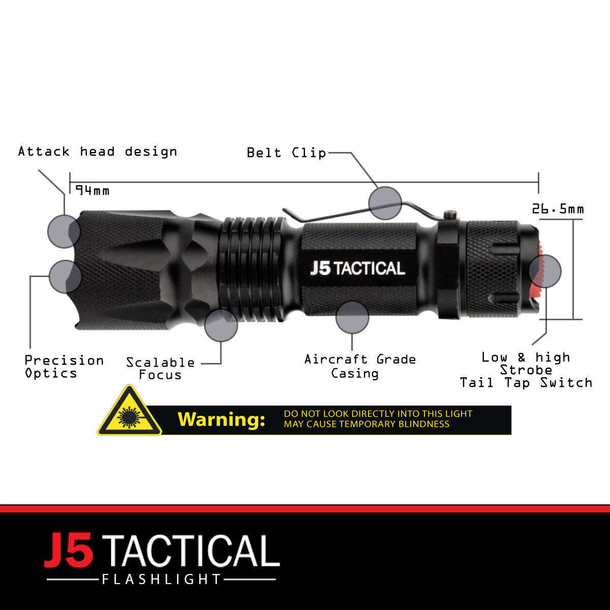 j5 Tactical flashlight specs