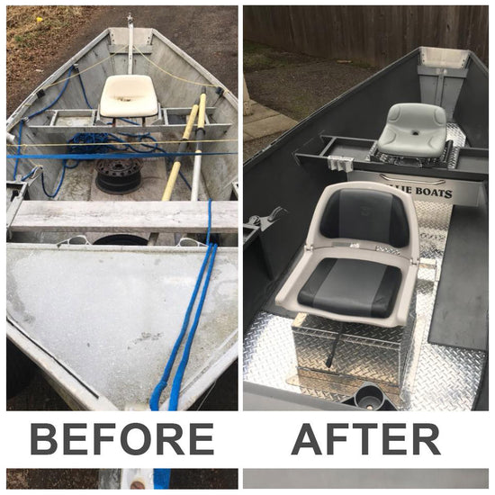 Before and after photos of boat refurb with boat box seats